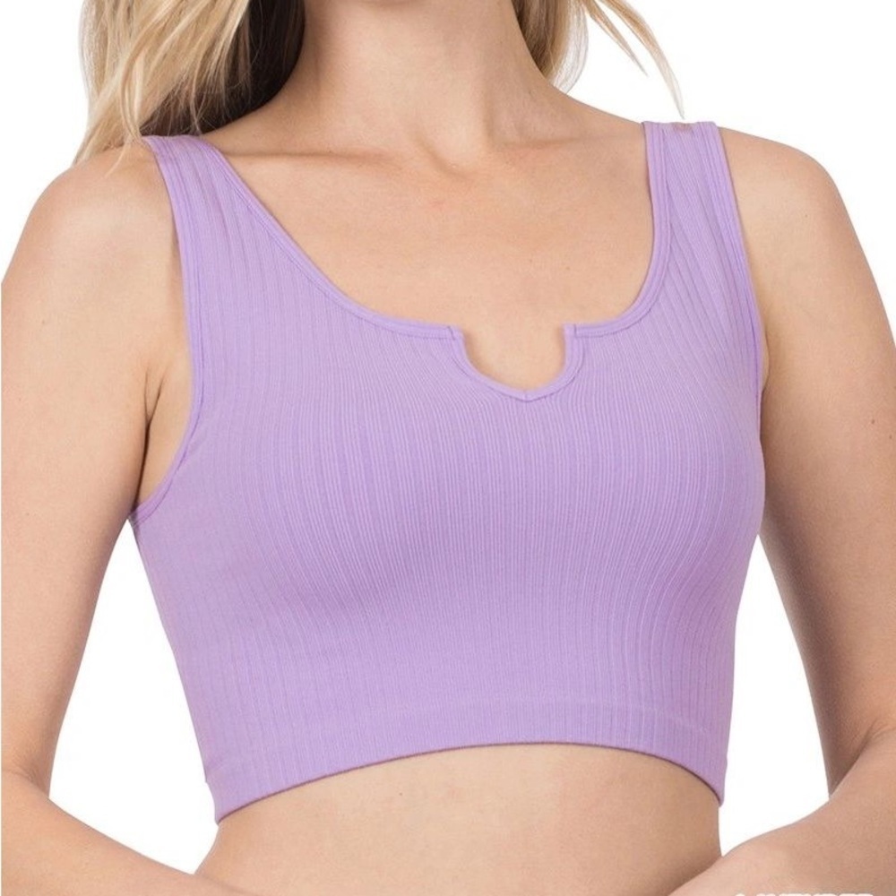 Zenana Ribbed Seamless Split Neck Crop Top, Lavender